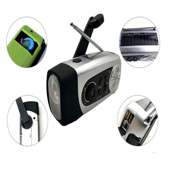 Blå multifunktionell kortradio, mini ficklampa nödradio, solcellshandvevsradio