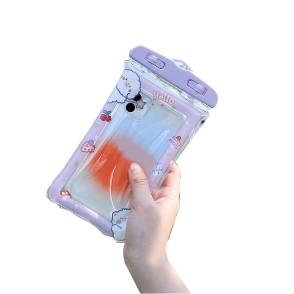 Vedenpitävä puhelinpussi Sarjakuva söpö herkkä kosketusnäyttö läpinäkyvä puhelintasku kaulanauhalla ajelehtimiseen sukeltamiseen purppura kissa