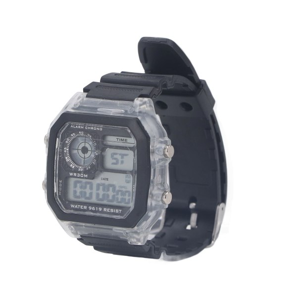 Elektronisk sportsklokke 12 24 timer vanntett digitalt armbåndsur med lysende alarmtidsfunksjon Transparent