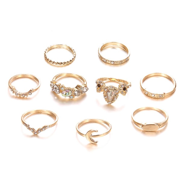 9 stk/sett Bohemian Women Moon Crown Rhinestone Knuckle Midi Finger Ring smykker