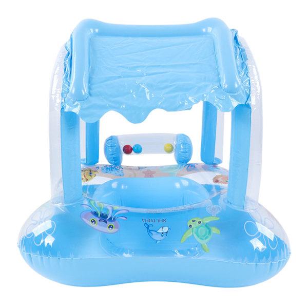 Baby Pool Float Solskydd Badring Spädbarns Säte Båt Uppblåsbar Leksak med Markis Handtag Liten Klocka Blå