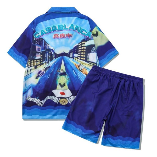 Stadium Print Casablanca Tennis Club kortærmet skjorte og shorts sett, unisex for sommeren, casual hip-hop hawaiisk strand stil CA29 S