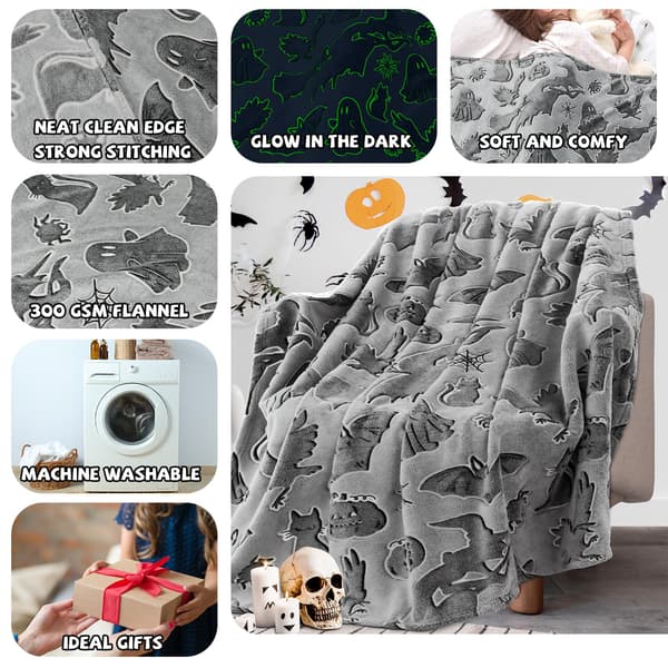 Halloween Sort Kat Fleecetæppe 100x150cm, Blødt Varmt Plaid til Sofa Senge Stue Efterår Boligindretning Dark Grey