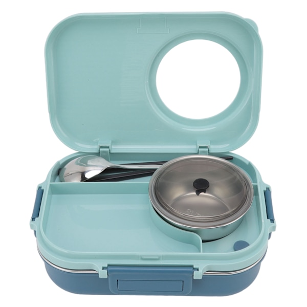 Termoslounasrasia 1100ml Kaksinkertainen kerros 3 osainen muotoilu 304 Ruostumaton teräs Bento-laatikko Syömäpuikoilla Lusikka Keittokuppi Sininen