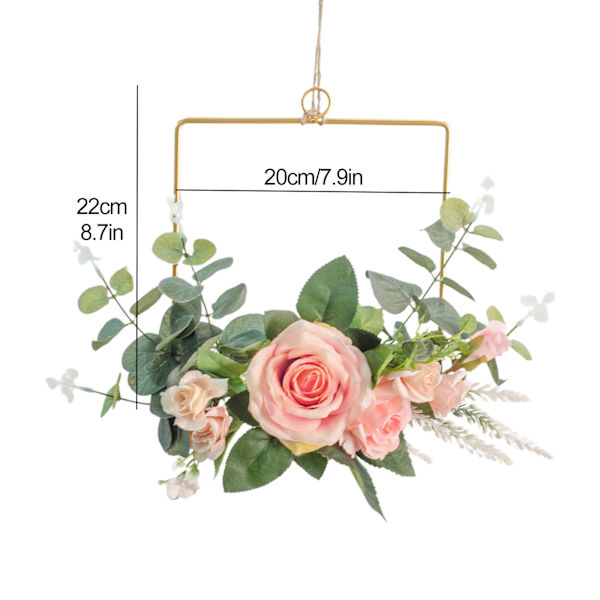 Blomsterkrans i metall med geometrisk ram, konstgjord krans med rosor, väggmonterad, simulerad krans, heminredning