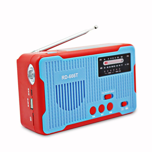 Emergency Radio Solar AM/FM Radio Handvev Radio med Emergency Siren Ficklampa Strömbatteri, Blå