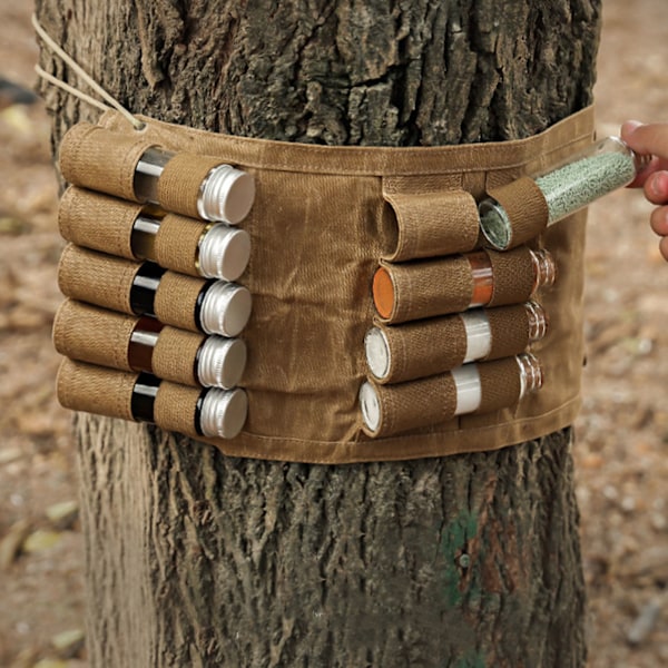 Fällbar kryddflaska väska för utomhusbruk med 9 fickor, bärbar canvas kryddburkshållare för camping, grillning, picknick, khaki