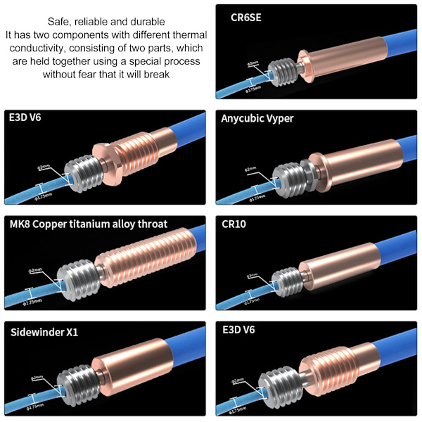 4 stk 3D-printer All Metal Heatbreak Professionel Kobberlegering Ekstruder Halsrør Udskiftning til 3D-printer Tilbehør til MK8