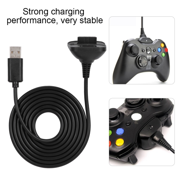 Högkvalitativ 2 i 1 1,5 m laddningskabel för Microsoft XBOX 360-kontroller Snabbladdning (svart)