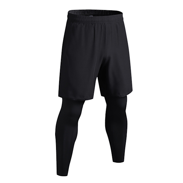 Män 2 i 1 Atletiska Leggings Löpbyxor Stretchiga Snabbtorkande Träningsbyxor med Fickor för Utomhussporter Svart XXL