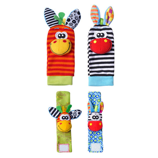 Baby Foot Rattles Strumpor Djur Plysch Fyllda Bomull Ljusa Färger Handled Rattles för Spädbarn