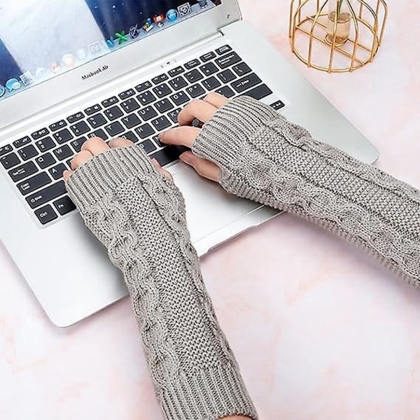 Kvinders strikkede fingerløse armhandsker - Varme vintervanter med tommelfingerhul (2 par, sort og grå)