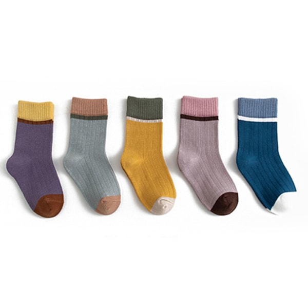 5 Par Barnstrumpor i Mjuk Bomull, Söta Färgblock, Andningsbara, Mid-Calf, Kuddade Crew-Strumpor för Pojkar och Flickor, Passar för 3-5 År
