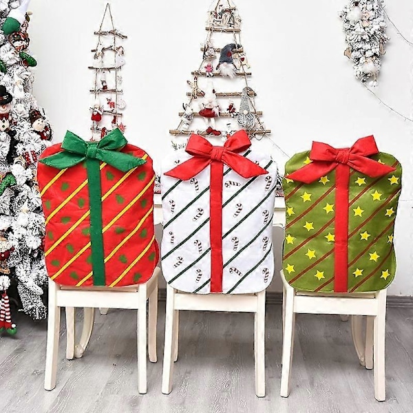 3-delars set julstolsryggöverdrag med rosett, presentpappersdesign, juldekoration, stolsöverdrag
