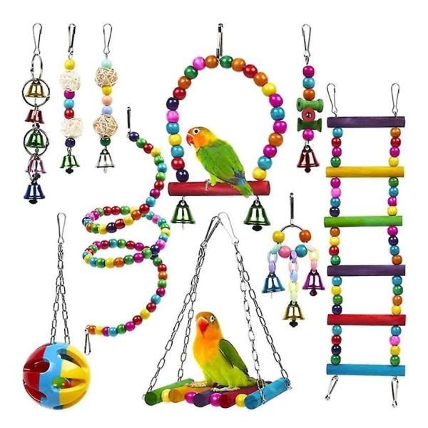 Fargerikt fuglelekesett - 10 stykker klatreleker, husker, stiger, sitteplasser og bjeller for papegøyer, finker og parakitter