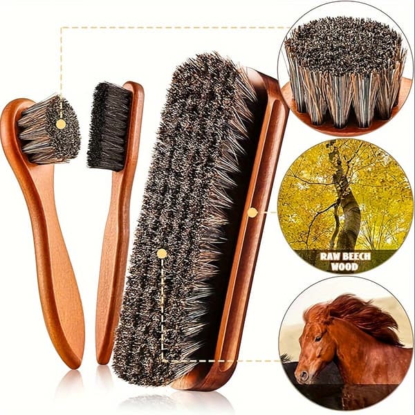 Skoputsborsteset med hästhår för stövlar och mockaskor pointed tail brush