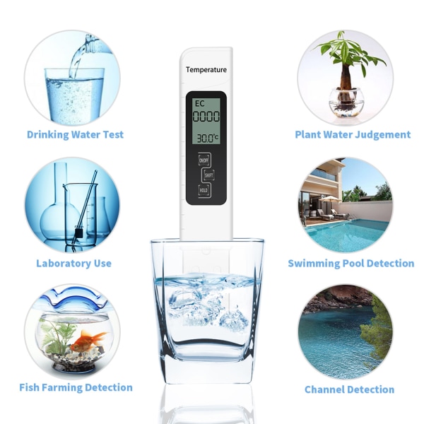 Vannkvalitetstester TDS EC Meter Temperaturmåling Combo for Drikkevann Akvarier Pool