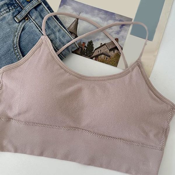 Dam Tanktop med Korsade Spaghettiband, Slim Fit, Vadderad, Grå, Fri Storlek
