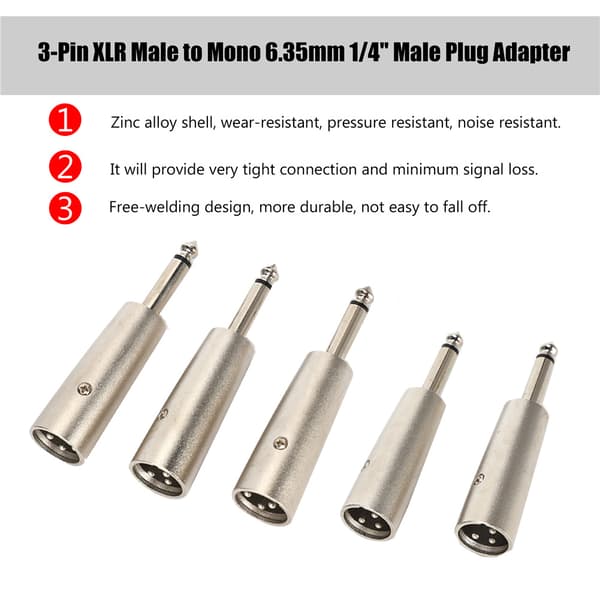 5 stk. XLR han til 6,35 mm mono stik audio mikrofon adapter