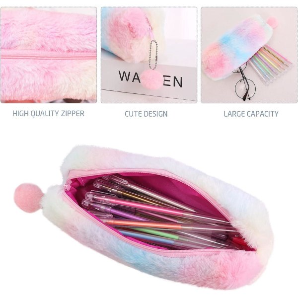 Søt Rainbow Plush blyantveske - stor kapasitet, 2-pakning (rosa/lilla)