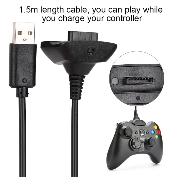 Högkvalitativ 2 i 1 1,5 m laddningskabel för Microsoft XBOX 360-kontroller Snabbladdning (svart)