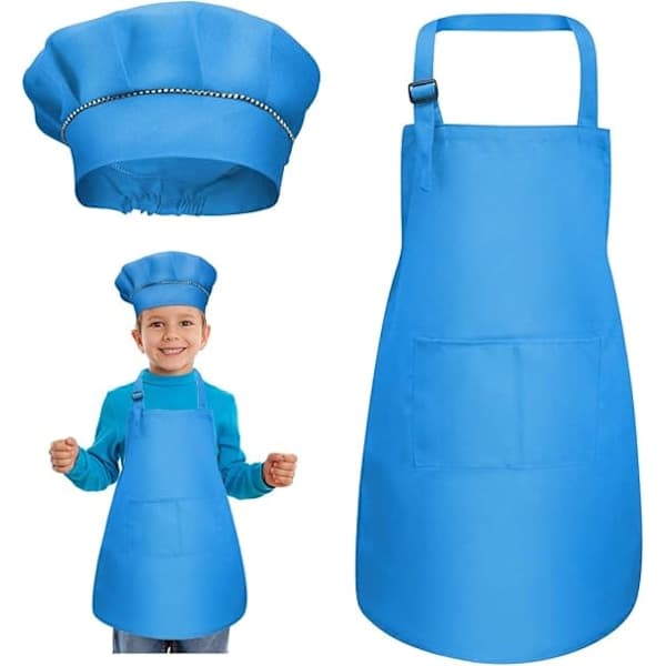 Blå - Forkle + kokkehattsett, justerbart barneforkle med lommer for matlaging, baking og maling, for barn fra 4 til 12 år