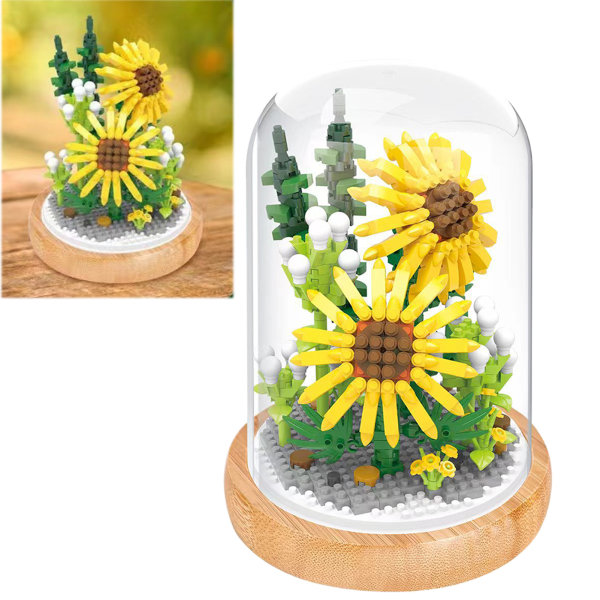 Plante byggeklosser Miniatyr DIY byggeklosser Bukett potteplanter Ornamenter Dekorasjon Leker Solsikke med beskyttende deksel