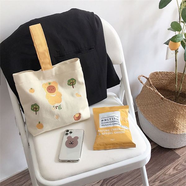 Tote Frokostpose Tegneserie Dyrestil Stor Kapacitet Levende Farver Holdbar Lærred Frokostpose til Æske Bog Snacks Orange og Lille Bjørn