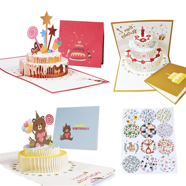Kesote 3d pop op-kort 3x fødselsdagskort med konvolutetiketter (3 former)