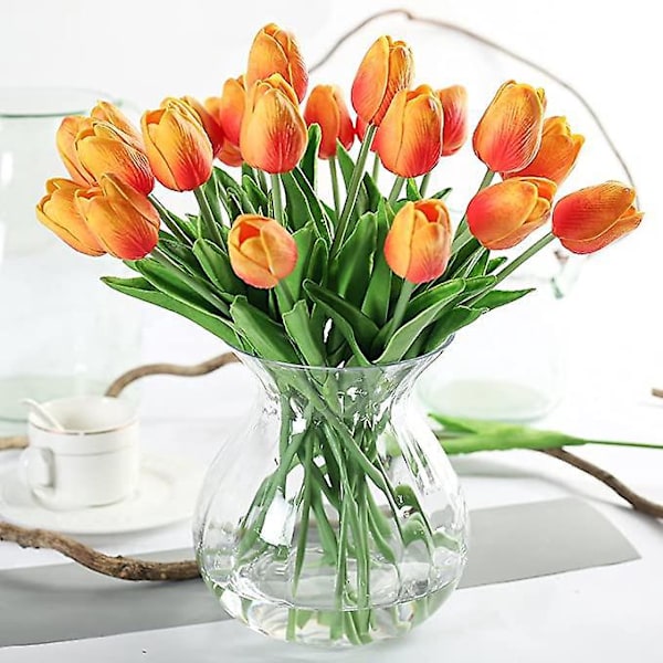 Ekte berørings kunstige tulipaner - 10 stk oransje tulipanblomster for bryllup, hjem og hagedekorasjon