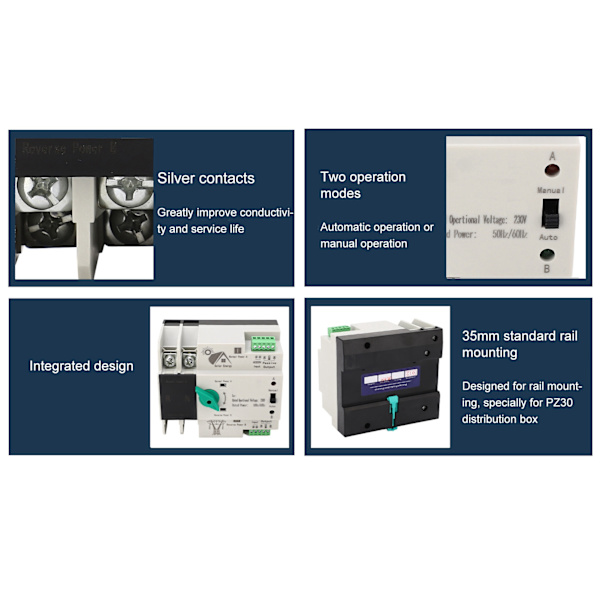 Dubbel automatisk omkopplare 2P Millisekund Snabb omkoppling Tidskontroller AC230V 50/60Hz PV till elnät 100A