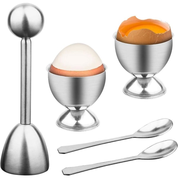 Äggkopp och set i rostfritt stål med 2 skedar - Köksredskap för skärning av kokta ägg