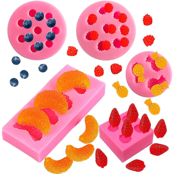 Frugt silikone formsæt - 5 stk mini ananas, jordbær, appelsin, blåbær, brombærformede geléforme til fondant dekoration