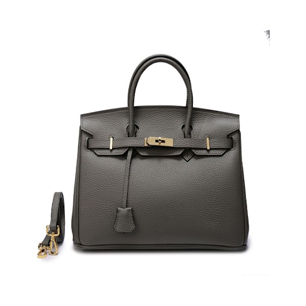 Elegant Handväska i Mörkgrått Ko-Läder 35cm Lychee-Mönster Silverdetaljer Dark gray 35CM