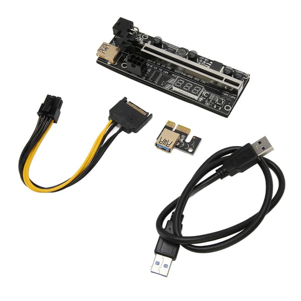 PCIe Riser Adapterkort 1X til 16X Dobbel 6Pin Temp Sensor USB3.0 Strømkabel Mining Riserkort for Grafikkutvidelse