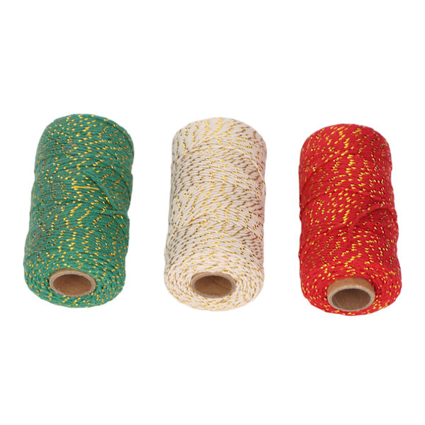 3 Rullar Julsnöre 2mm Diameter Varje 100m Längd Klippbar Lätt Present Snöre Sträng för DIY Förpackning