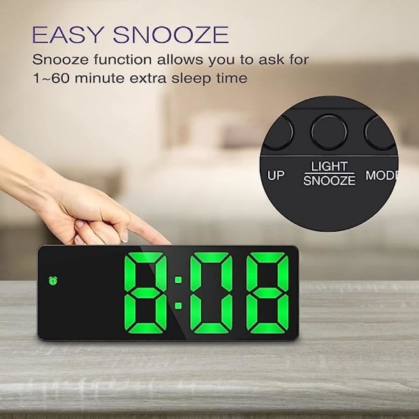 Digital väckarklocka, stor LED-skärmsklocka, spegelledd väckarklocka, lämplig för sovrum, hem, kontor, gröna siffror (svart)