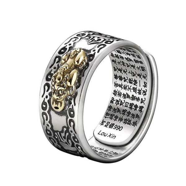 Lucky Men Silverpläterad Piqiu Heart Sutra Graverad öppning Finger Ring Smycken