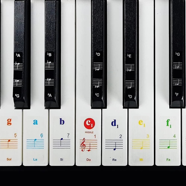 Aftagelige farverige Imelod klaver og keyboard klistermærker til musiknoter sæt til 49/61/76/88 tangenter, hvide og sorte tangenter, gennemsigtig