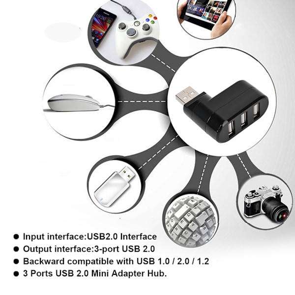 USB Hubs Portar USB 2.0 Mini Rotate Splitter Adapter Hub för PC Notebook Laptop Svart