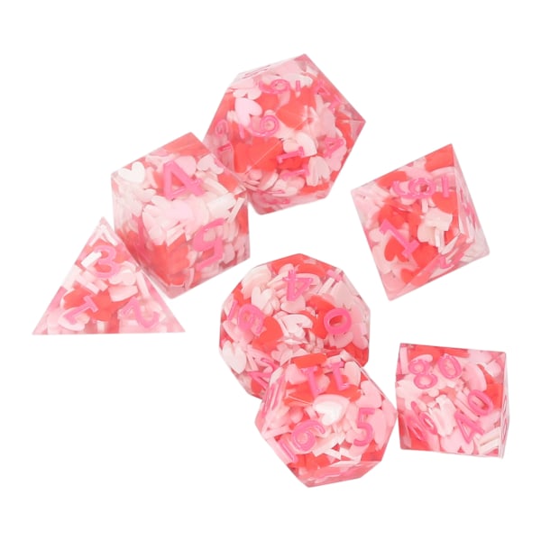7 stk. polyhedral terningesæt i pink harpiks til rollespil, kortspil og terningspil til brætspil og matematikundervisning