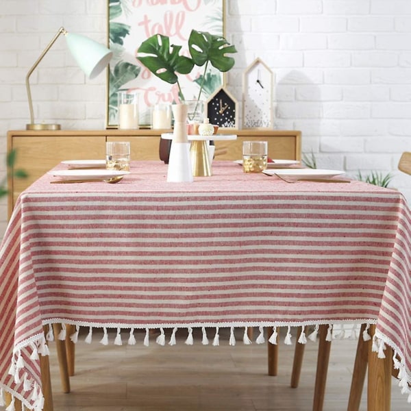 Rød stripet duk - 55 X 71 tommer - Flekkbestandig - Vanntett - Støvtett - for dekorasjon av spisebord på kjøkken