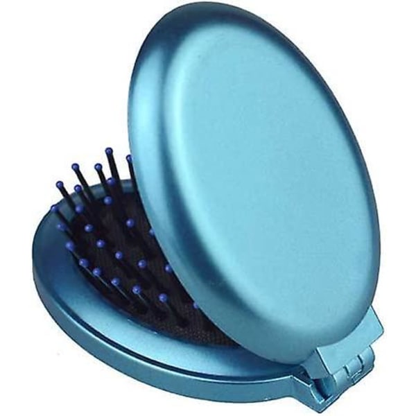 Blå mini hopfällbar fickhårborste med spegel och hårbottenmassageborste för kvinnor och flickor