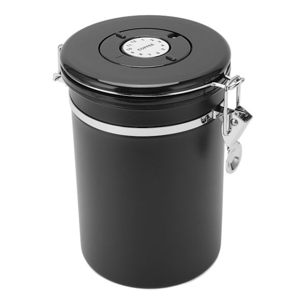 Kaffebeholder i rustfrit stål med lufttæt beholder til kaffe med 30 ml ske og datosporing, kaffekande til opbevaring af 1,8 l, sort