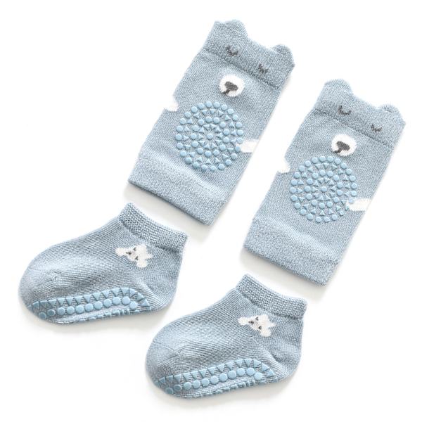 Baby Knäskydd Strumpor Set Mjuk Bomull Förhindra Halkpunkter Krypande Knä Fotskydd Blå M 1-2 År Gammal
