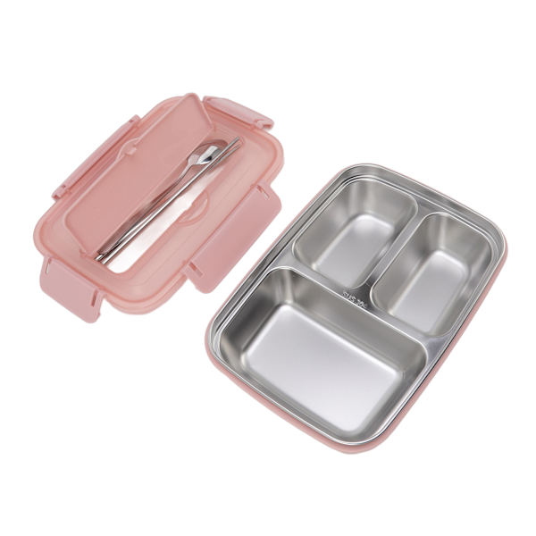 Lunchlåda 3 fack 304 Rostfritt stål Plast Matchande sked Ätpinnar Bärbara lunchbehållare för kontor Rosa