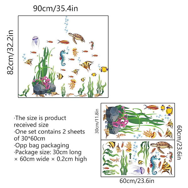 Havssköldpadda och Fiskar Väggdekaler - Underhavstema Dekoration för Sovrum, Badrum och Barnkammare