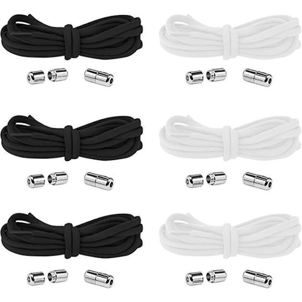Knudeløse elastiske snørebånd 6 par, 105 cm med metalspænde i sort og hvid