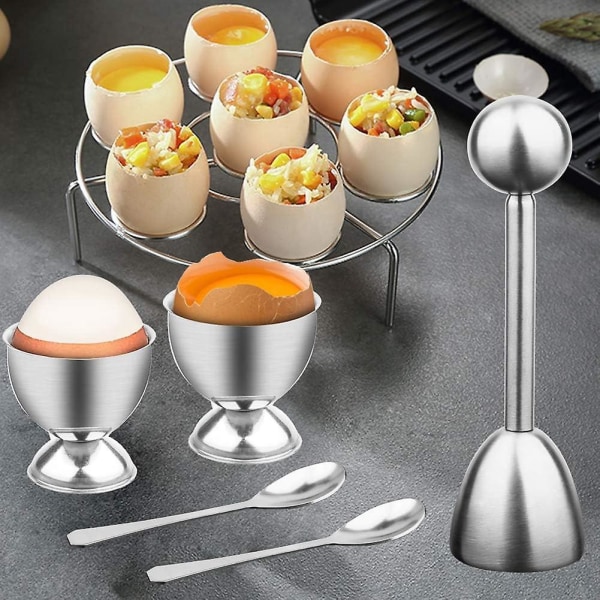 Äggkopp och set i rostfritt stål med 2 skedar - Köksredskap för skärning av kokta ägg