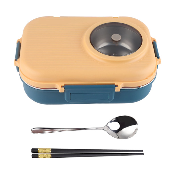 Termisk Madkasse 1100ml Dobbelt Lag 3 Gitter Design 304 Rustfrit Stål Bento Box med Spisepinde Ske Suppe Skål Blå Gul
